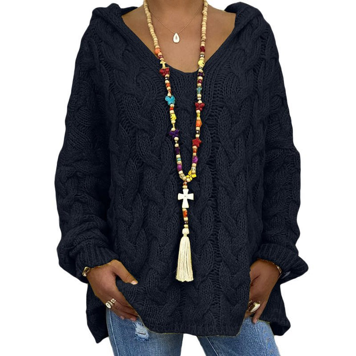 Women Oversized Cable Knit Sweater with Hood and Casual V-Neck Mune Fashion