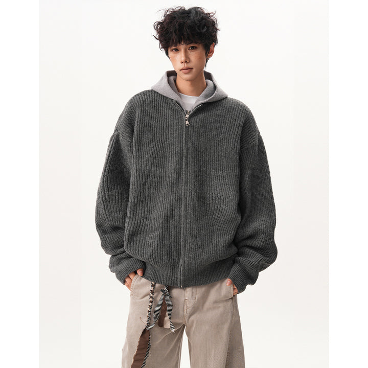Men's Oversized Knit Jacket with Hood and Zipper Mune Fashion