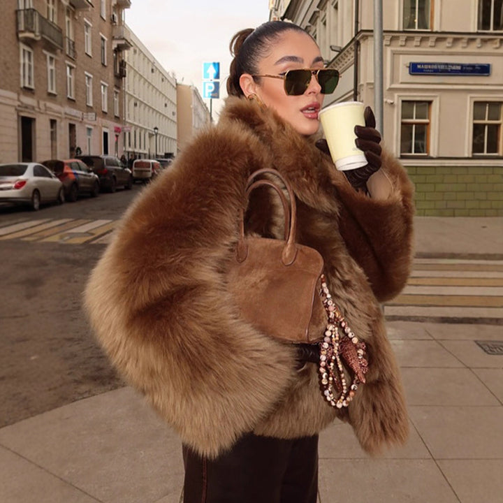 Women's short jacket in teddy style with voluminous shawl collar and soft faux fur texture Mune Fashion