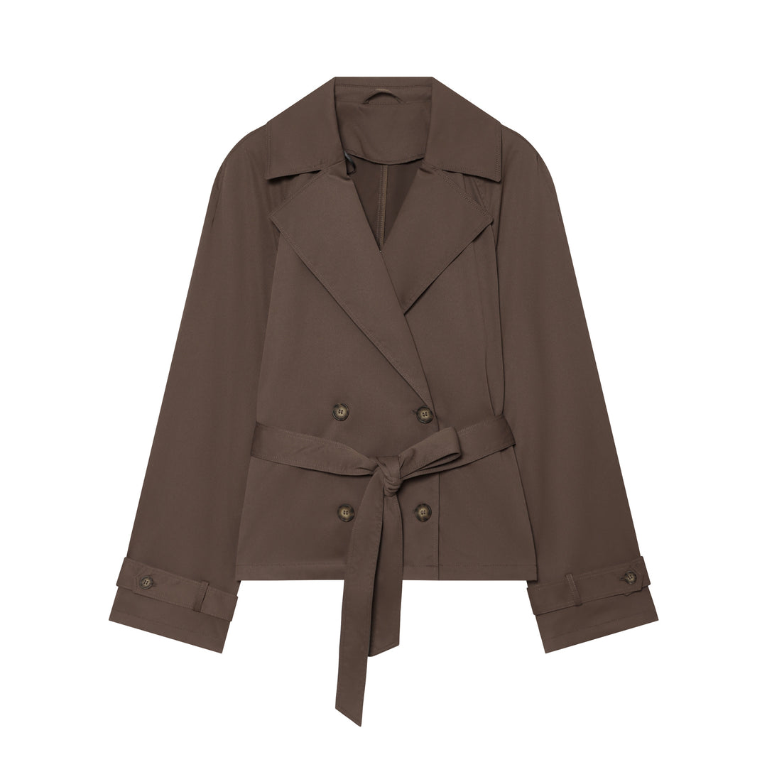 Women’s short tailored trench jacket with belt, double-breasted button placket and wide lapels Mune Fashion