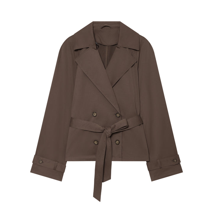 Women’s short tailored trench jacket with belt, double-breasted button placket and wide lapels Mune Fashion
