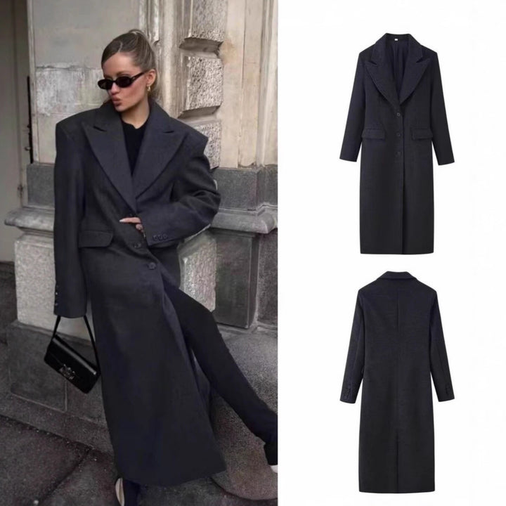 Women Longline Wool Blend Coat with Distinctive Lapels, Tailored Darts, and Flap Pockets Mune Fashion