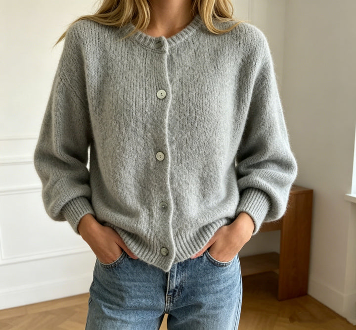 Women's Cozy Mohair-Look Cardigan with Round Neck and Balloon Sleeves Mune Fashion