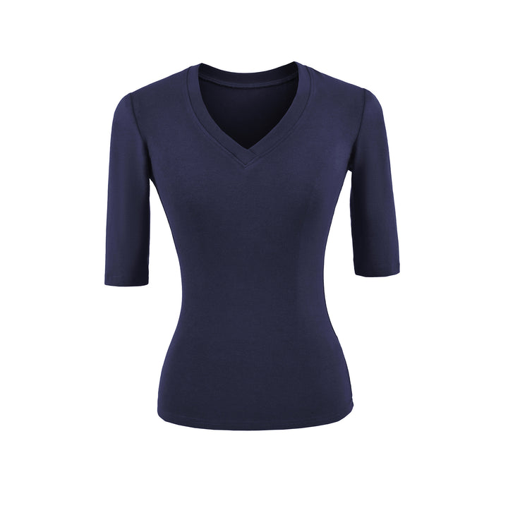 Women's Fitted V-Neck Three-Quarter Sleeve Fine Rib Top made of Stretch Jersey Mune Fashion
