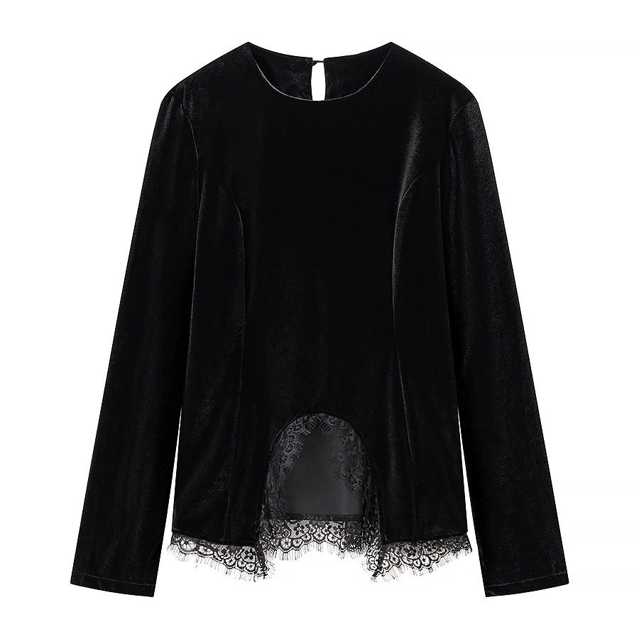 Women's velvet t-shirt with asymmetric lace hem and slit detail Mune Fashion