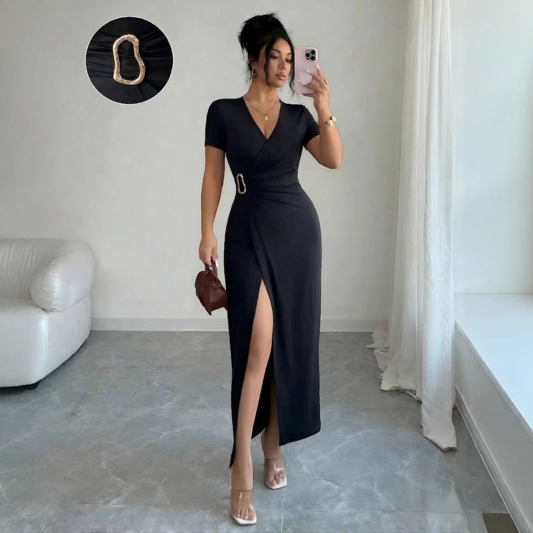 Womens bodycon wrap midi dress with V-neck, waist ring and high thigh slit Mune Fashion