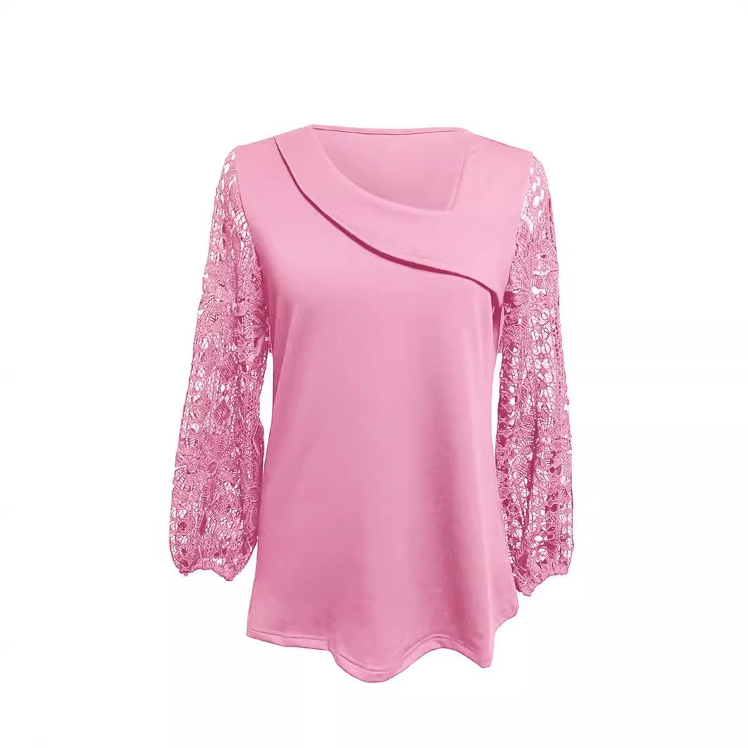 Ladies nan tunic top with asymmetrical waterfall yoke and floral lace balloon sleeves Mune Fashion