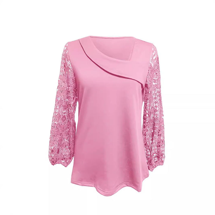 Ladies nan tunic top with asymmetrical waterfall yoke and floral lace balloon sleeves Mune Fashion