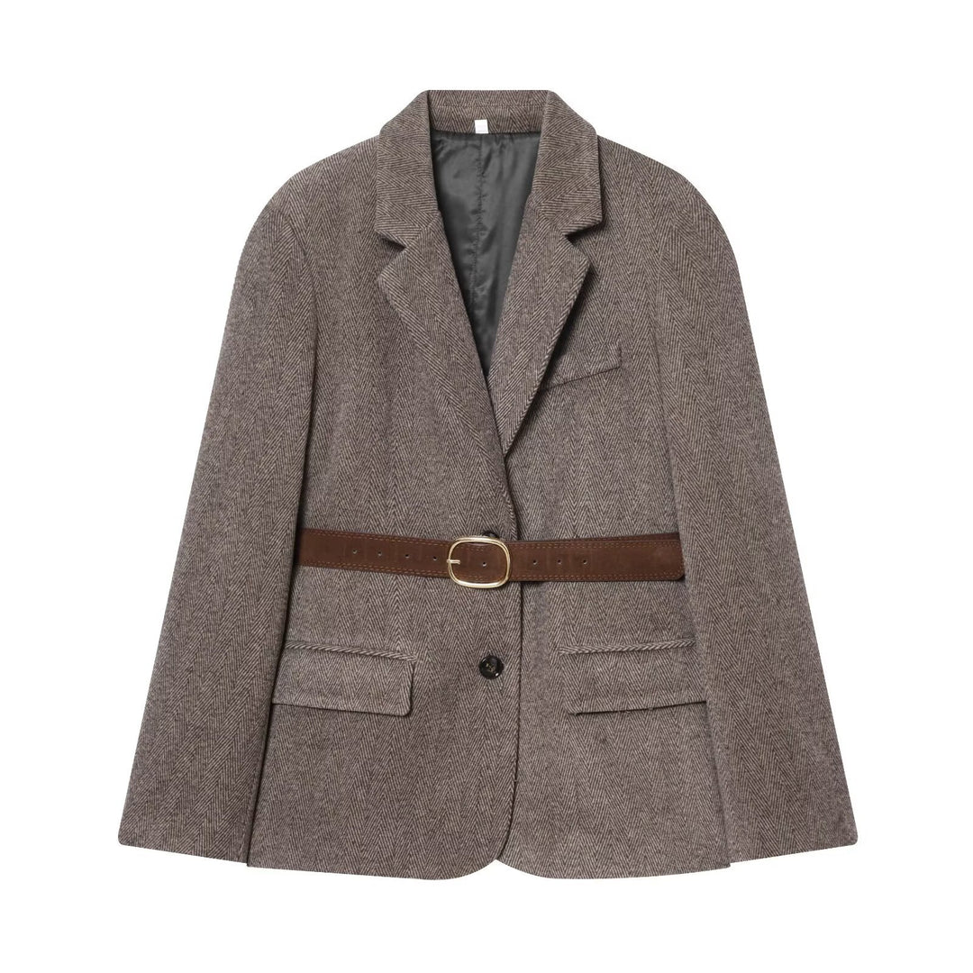 Women's Tailored Herringbone Blazer Coat with TIE Belt Mune Fashion