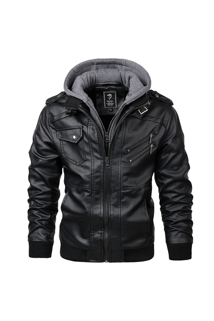 Men's Faux Leather Bomber Jacket with Hood Fleece Lining and Multiple Pockets Mune Fashion