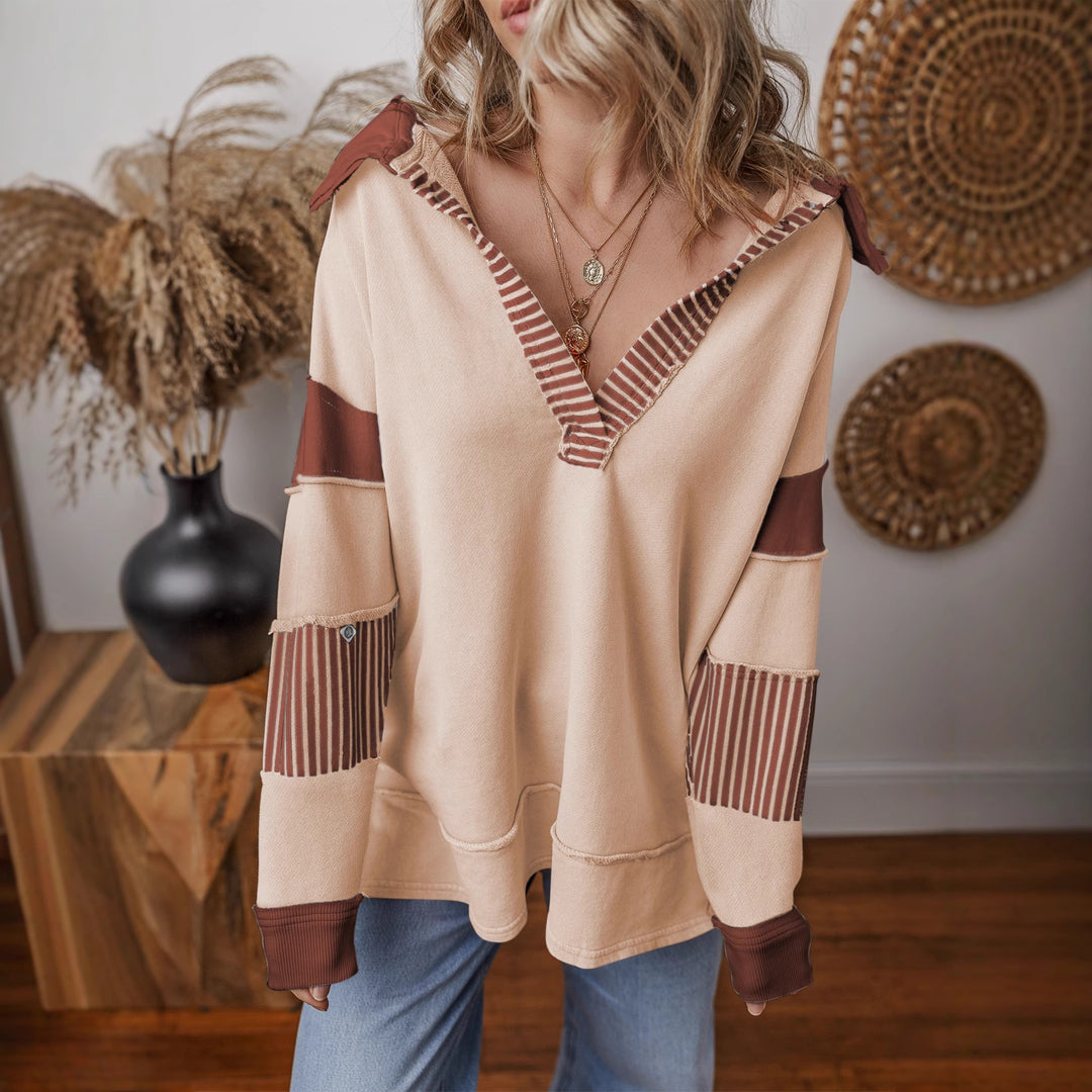 Women Oversize Sweatshirt with V-neck, striped sleeve inserts and contrast details Mune Fashion
