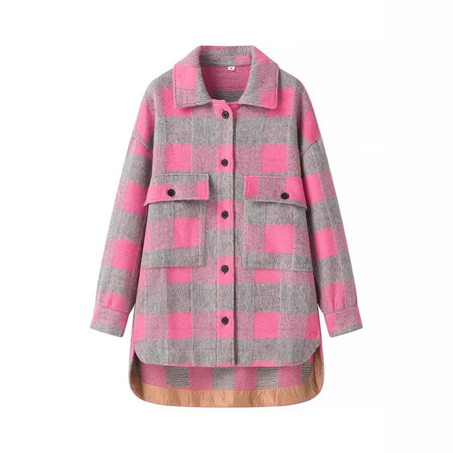 Women's Oversized Shirt Jacket in Check with Large Flap Pockets and Curved Hem Mune Fashion