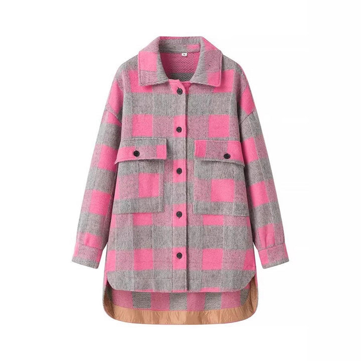 Women's Oversized Shirt Jacket in Check with Large Flap Pockets and Curved Hem Mune Fashion