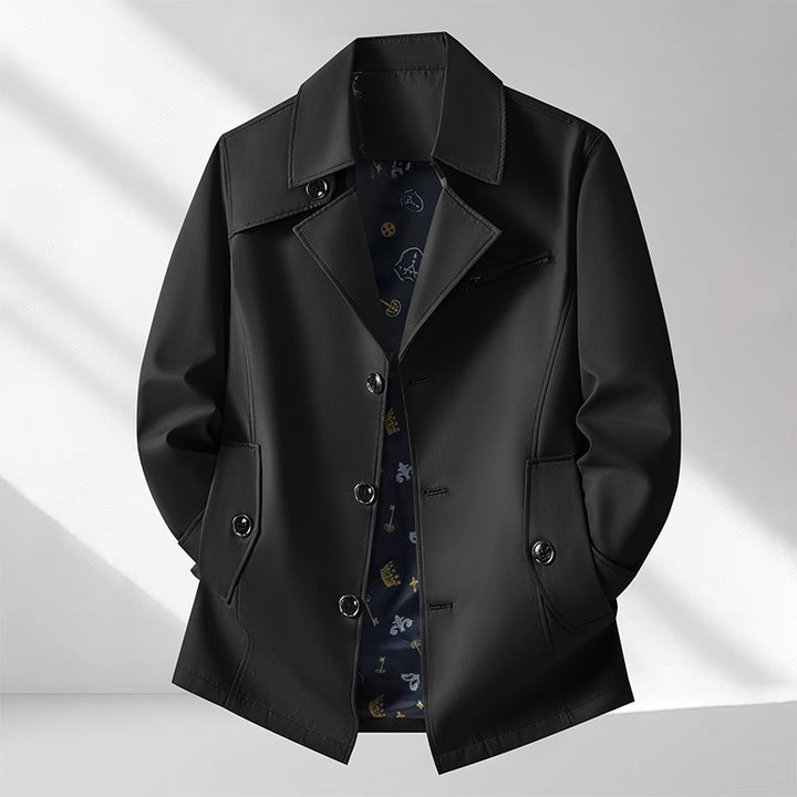 Men's transitional jacket in urban short trench style with notch collar, chest zipper, and patch pockets Mune Fashion