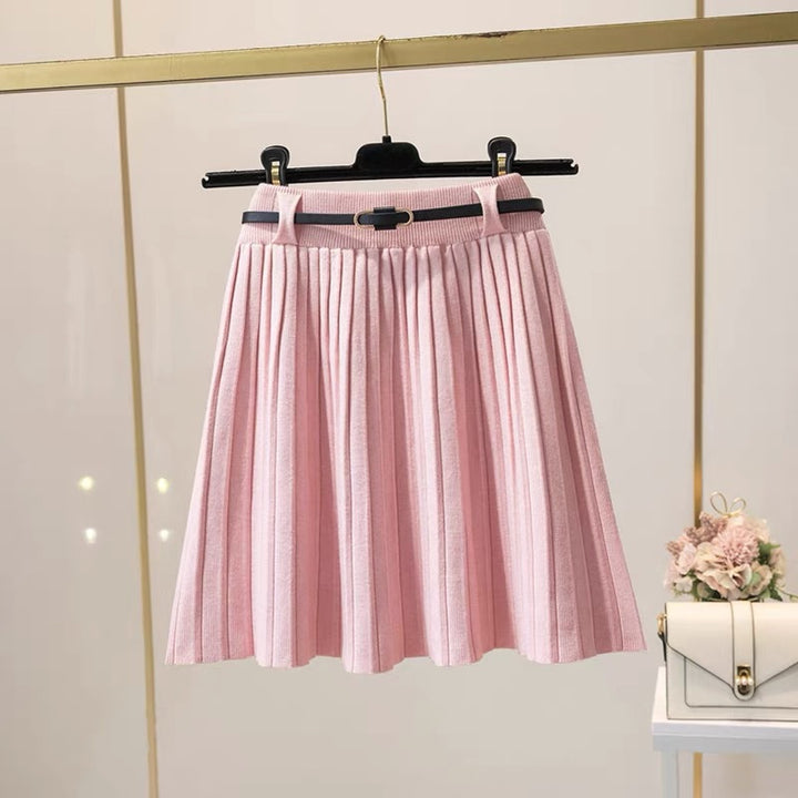Ladies Pleated Midi Skirt with Decorative Elastic Waistband Mune Fashion