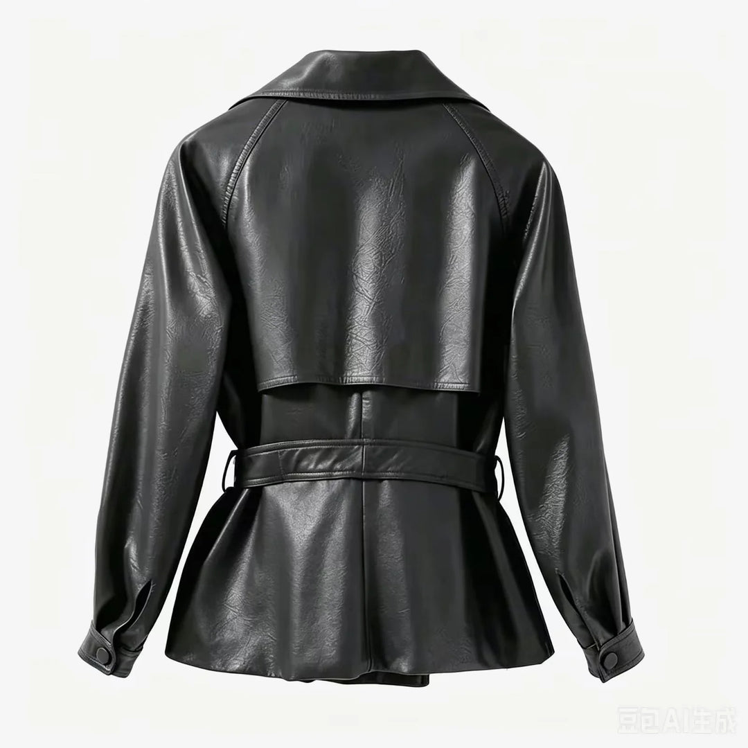 Women's tailored trench coat made of vegan leather imitation with wide lapels and tie belt Mune Fashion
