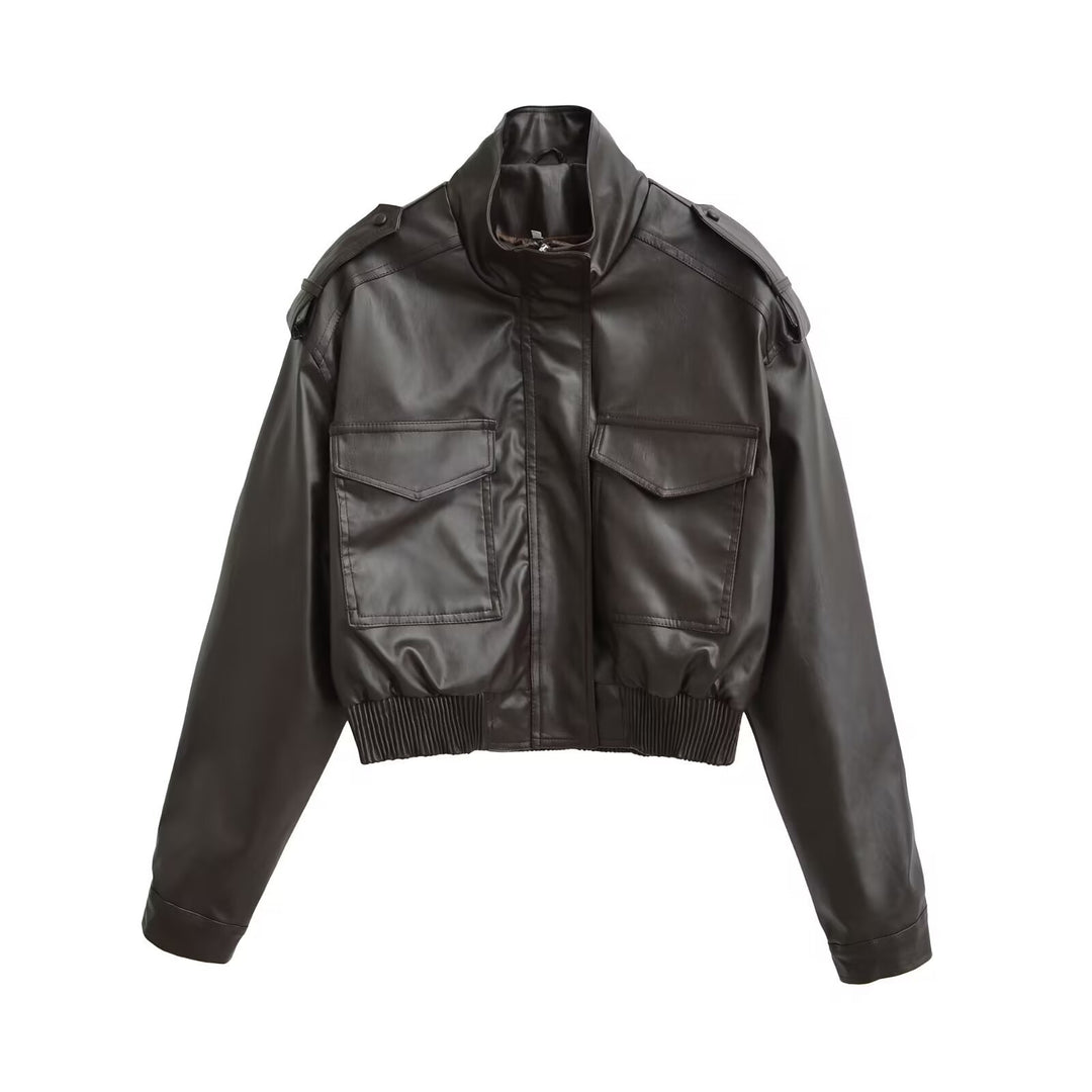 Women's Short PU Leather Bomber Jacket with High Stand-Up Collar, Flap Pockets and Shoulder Epaulettes Mune Fashion