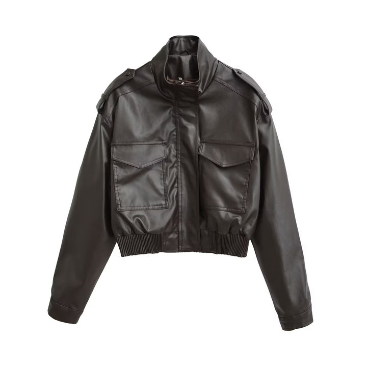 Women's Short PU Leather Bomber Jacket with High Stand-Up Collar, Flap Pockets and Shoulder Epaulettes Mune Fashion