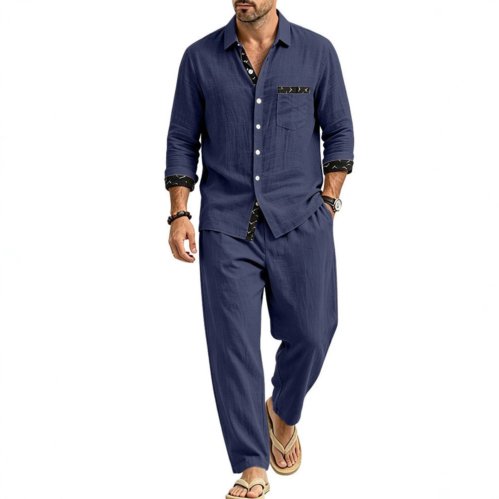 Men's Lightweight Linen Look Casual Set with Shirt and Relax Pants Mune Fashion