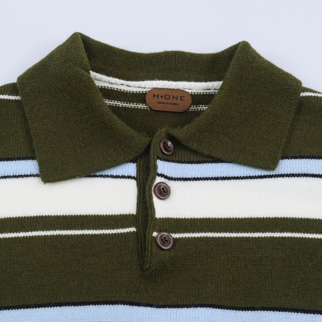 Women's Striped Polo Collar Sweater with Button Placket and Ribbed Cuffs Mune Fashion