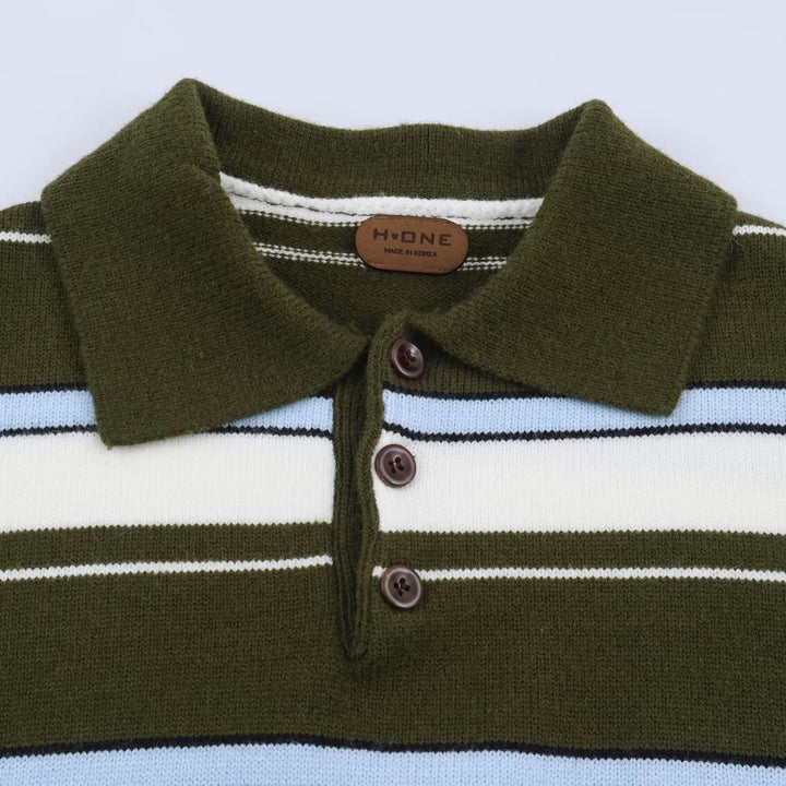Women's Striped Polo Collar Sweater with Button Placket and Ribbed Cuffs Mune Fashion