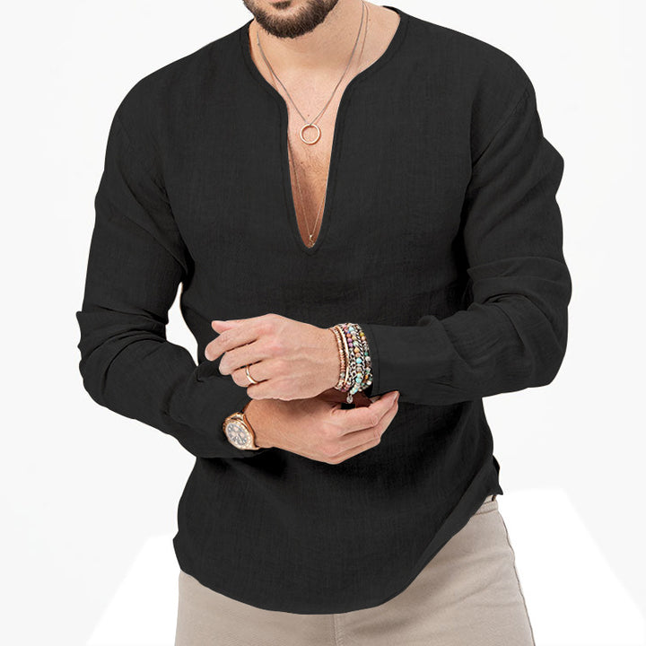 Men's relaxed linen tunic shirt with open slit collar and rounded hem Mune Fashion