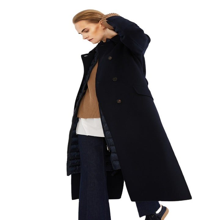 Women's long coat in a minimalist coat dress look with concealed double row and fabric belt Mune Fashion