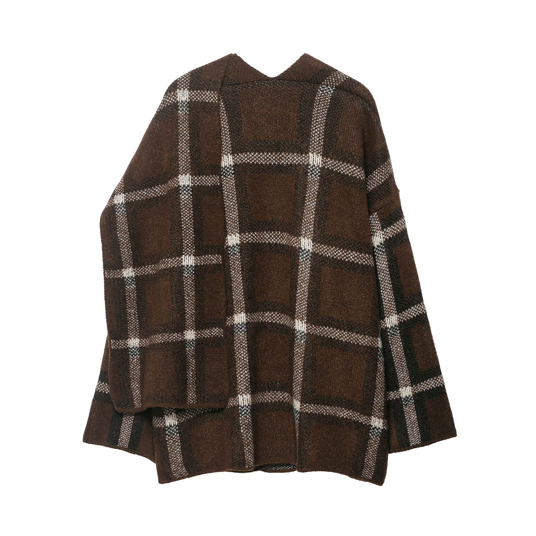Women Oversized Cape Cardigan with Hood, Patch Pockets and Check Pattern Mune Fashion