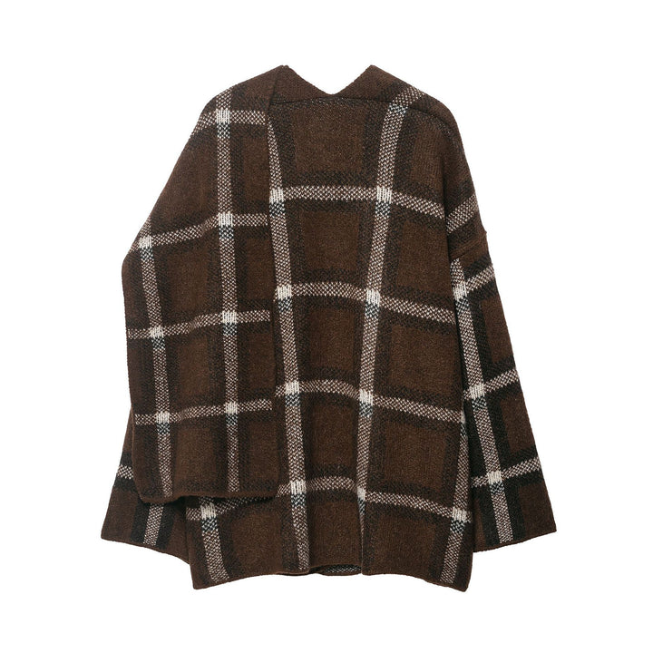 Women Oversized Cape Cardigan with Hood, Patch Pockets and Check Pattern Mune Fashion