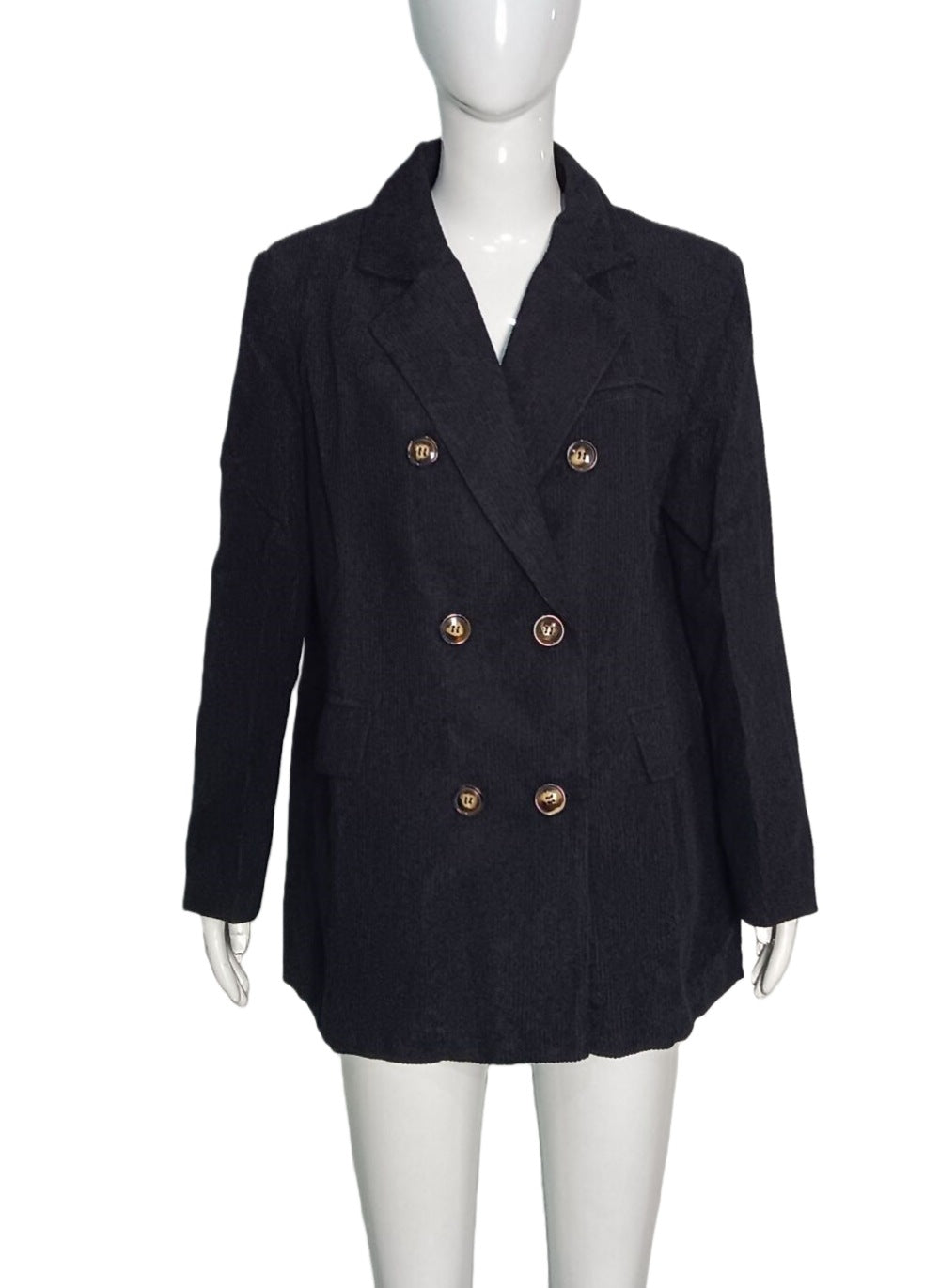 Women's Long Cord Blazer in Double Breasted with Notched Lapel and Flap Pockets Mune Fashion