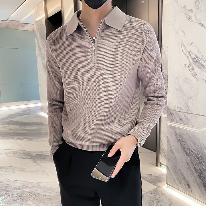 Men's Structured Half-Zip Knit Polo Sweater with Zipper Collar Mune Fashion