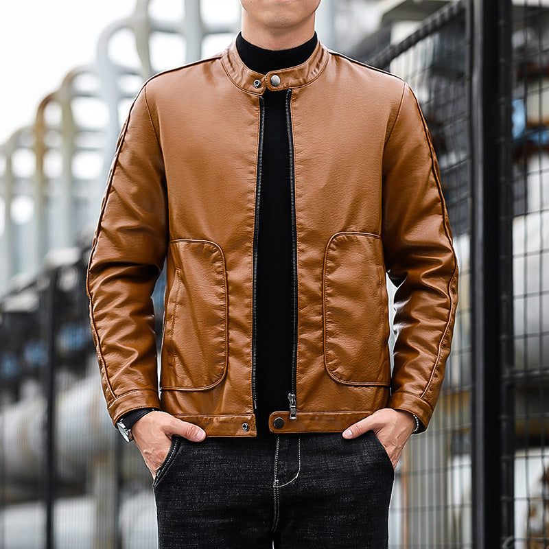 Men's Slim-Fit Faux Leather Jacket in Biker Blouson Style with Standing Collar and Patch Round Pockets Mune Fashion