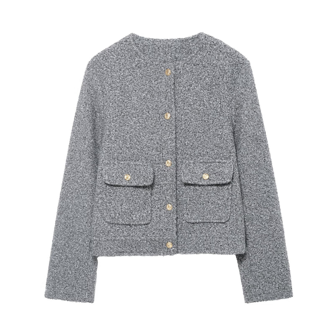 Women Boucle Cropped Jacket with Gold Buttons and Patch Pockets Mune Fashion