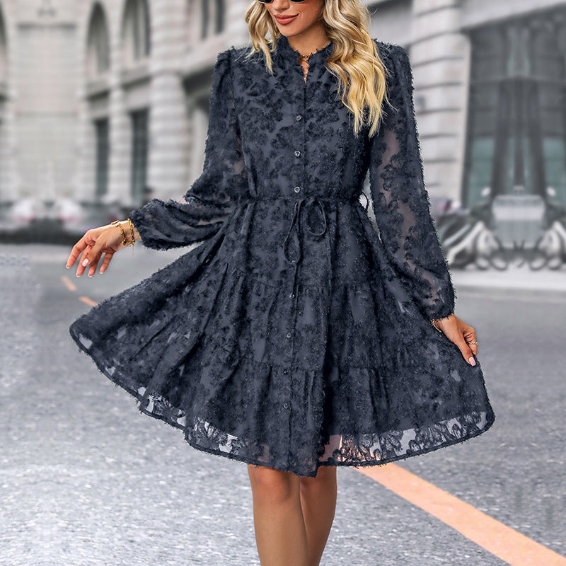 Ladies Elegant Long Sleeve Dress with Ruffles Mune Fashion