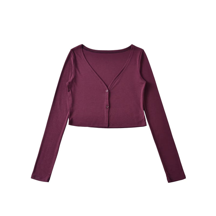 Women Cropped Jersey Cardigan with Deep V-Neck and Narrow Button Placket Mune Fashion