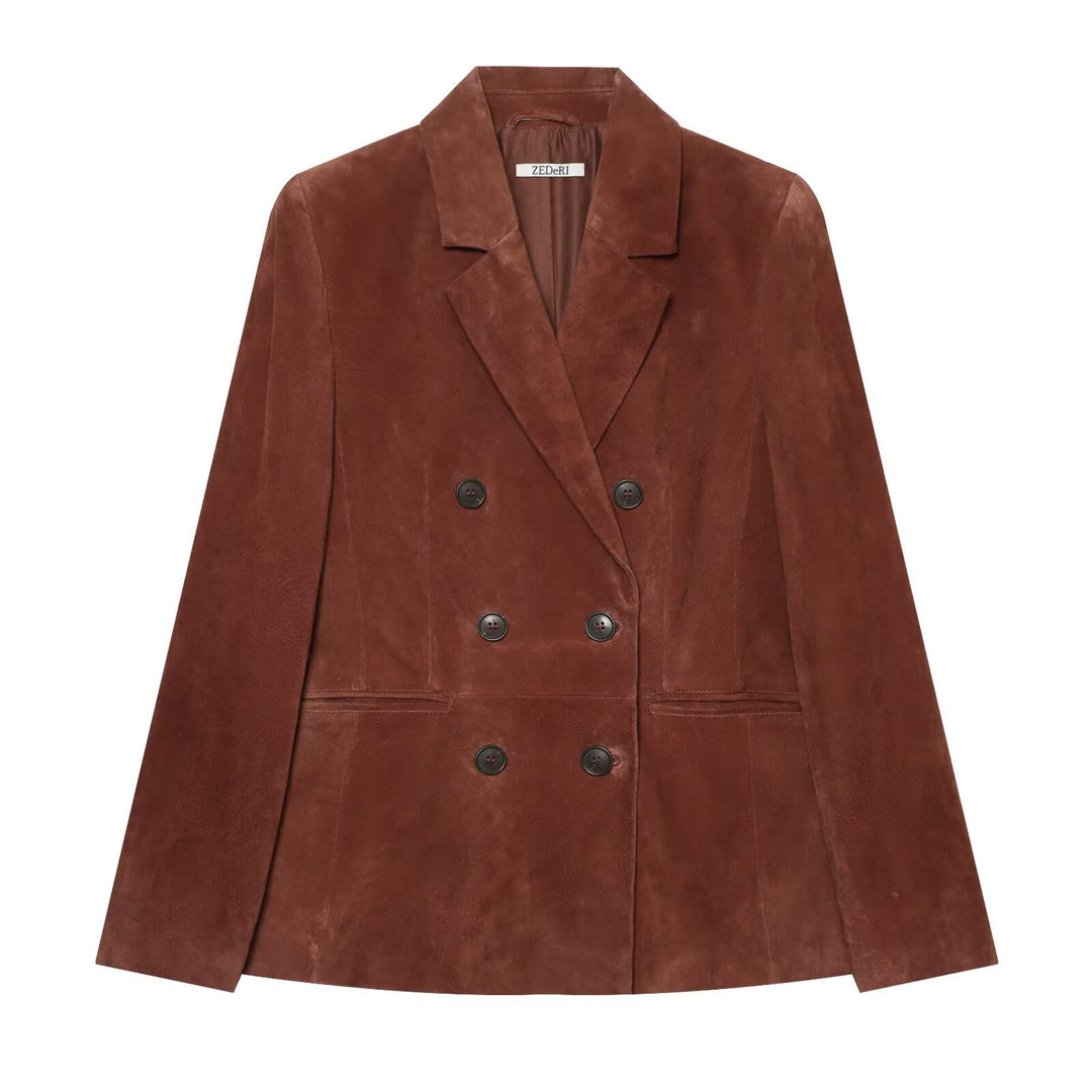 Women's cropped double-breasted velvet blazer with fitted silhouette and piped pockets Mune Fashion
