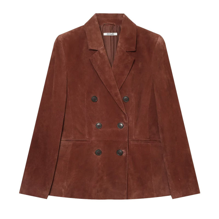 Women's cropped double-breasted velvet blazer with fitted silhouette and piped pockets Mune Fashion