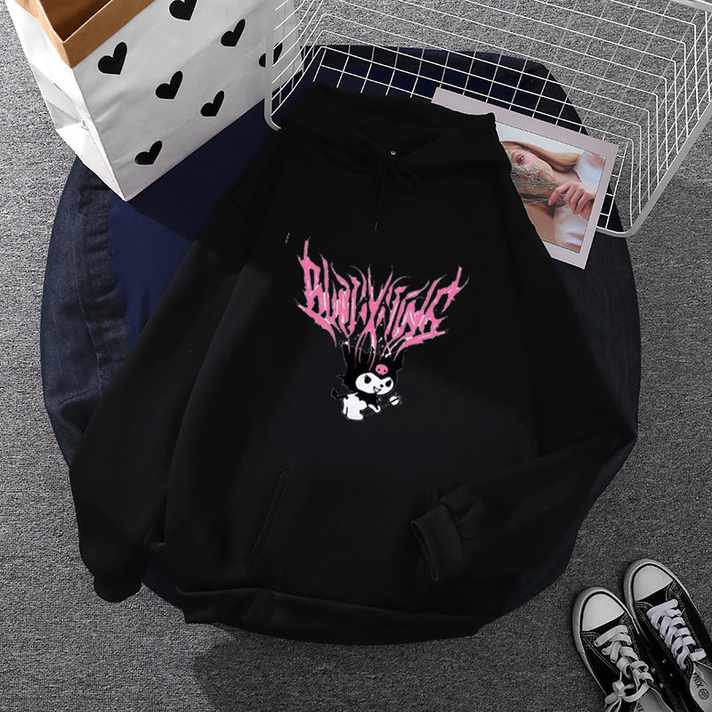 Women's loose hoodie sweatshirt made of brushed fleece with kangaroo pocket and kawaii character print Mune Fashion