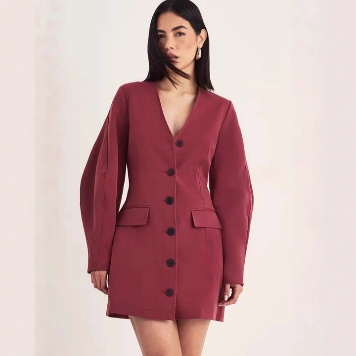 Women Tailored Blazer Mini Dress with Balloon Sleeves and Flap Pockets Drune