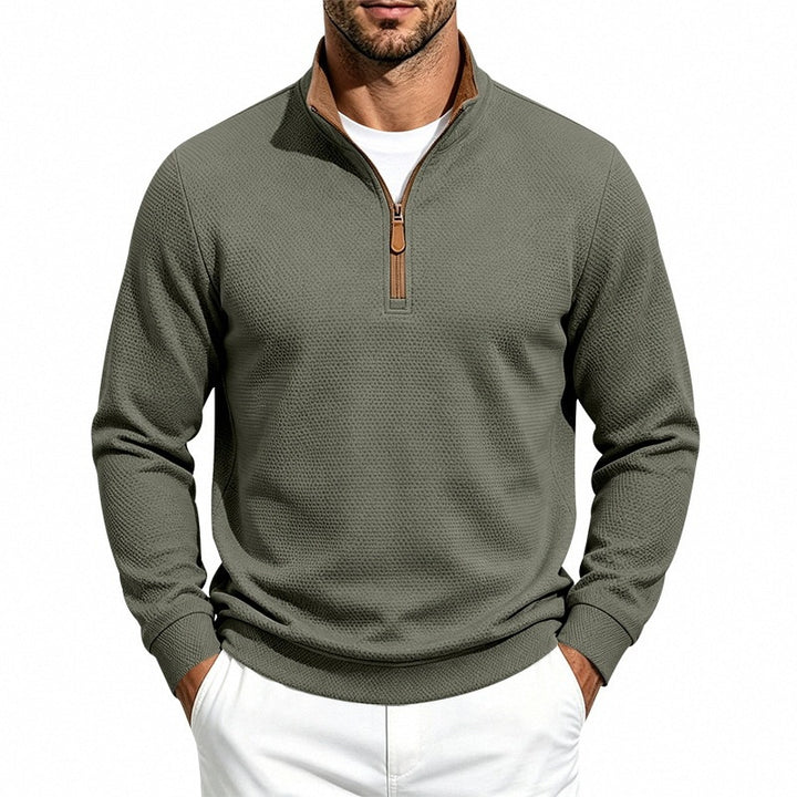 Men's Texture Half-Zip Pullover with Stand Collar and Contrast Inner Collar Mune Fashion