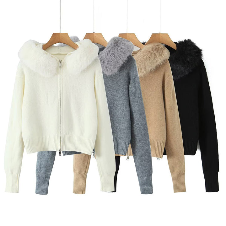 Women's Short Cardigan with Zipper and Removable Faux Fur Collar Drune