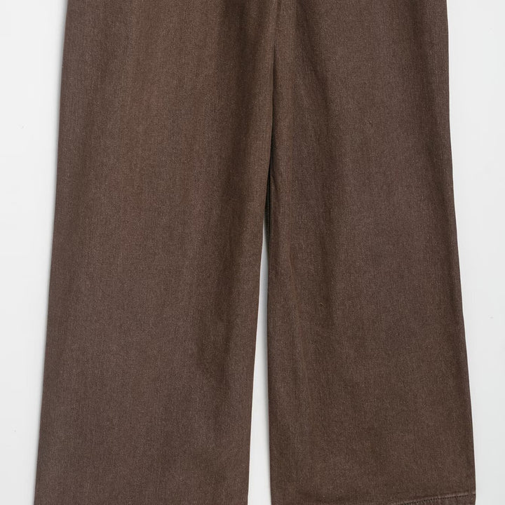 Women's Soft Denim Overall with Shirt Collar, Tailoring Belt and Wide Leg Mune Fashion