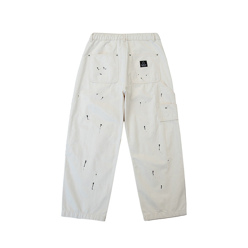 Unisex Wide Canvas Pants with Elastic Waistband, Drawstring, and Paint Splatter Details Mune Fashion