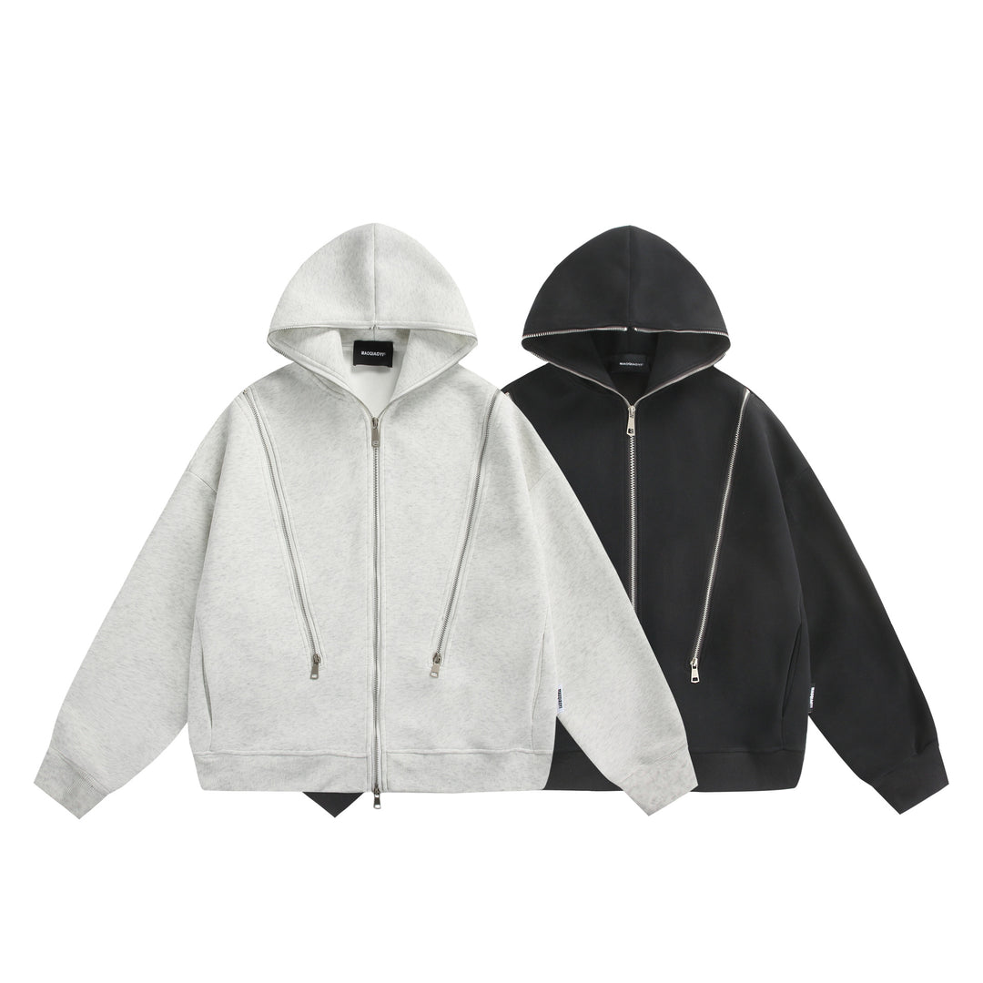 Unisex Hooded Sweat Jacket with Double Zipper and Decorative Seam Panel Mune Fashion