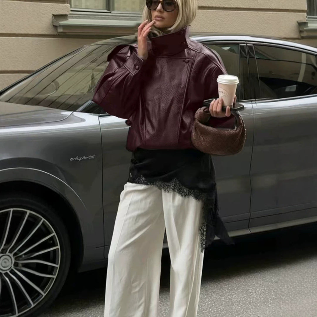 Women's cropped leather blouson with high stand collar, boxy silhouette, and voluminous sleeves Mune Fashion