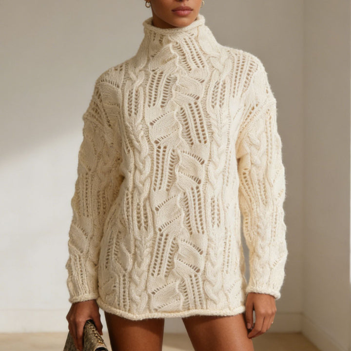 Women's Oversize Turtleneck Sweater with Openwork Cable Pattern Mune Fashion