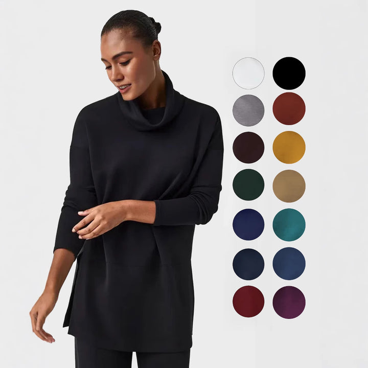 Women's Cozy Funnel Neck Tunic Sweater with Oversized Cut and Side Slits Mune Fashion
