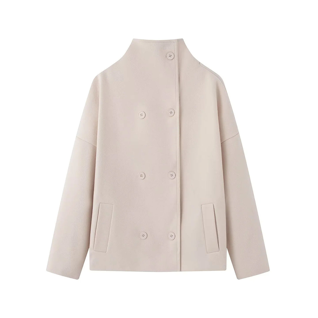 Women nan kastiger short coat with high stand-up collar double button and concealed button placket Mune Fashion