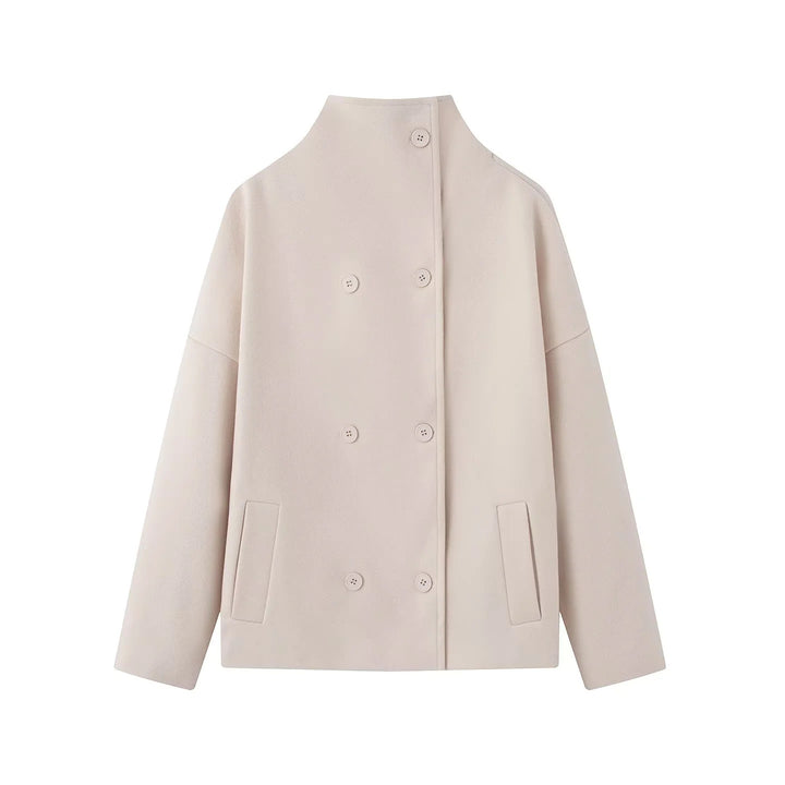 Women nan kastiger short coat with high stand-up collar double button and concealed button placket Mune Fashion