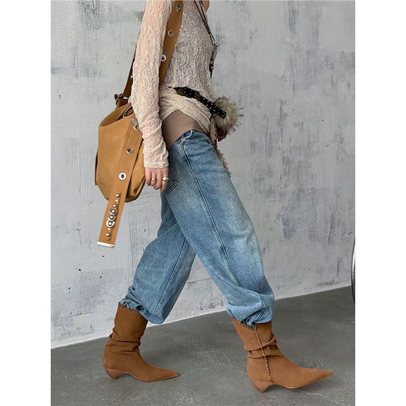 Women’s Slip-On Velour Boots with Decorative Stitching, V-Cuff and Sculpted Kitten Heel Mune Fashion